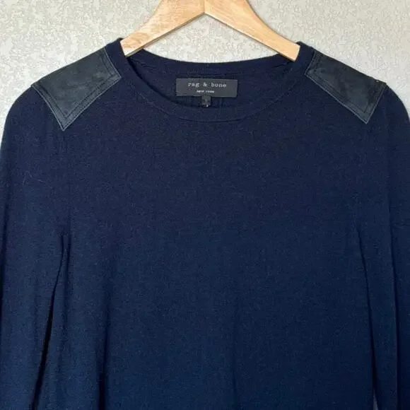 Rag & Bone New York Mens Sweater Navy / Black Wool Lamb Leather Shoulders Size S